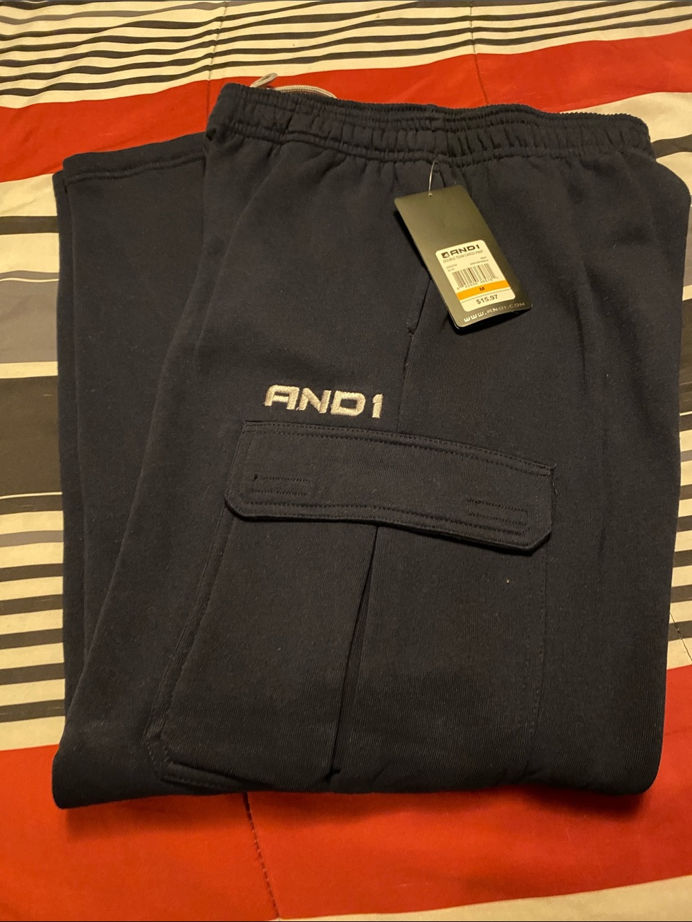 E) And1 Men’s Dark Navy Cargo Sweatpants - Black Logo. Medium